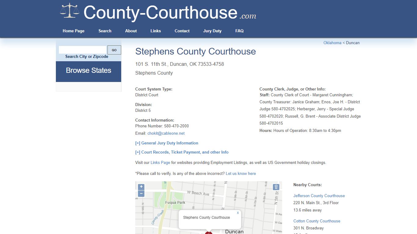 Stephens County Courthouse in Duncan, OK - Court Information